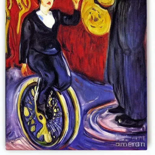 Image similar to Erna Solberg rising a unicycle oil canvas paining by Edvard Munch