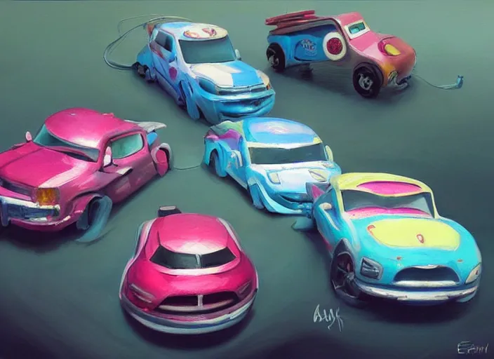 Image similar to concept design of cute candy cars for a aaa game, oil painting by eren arik and jama jurabaev, extremely detailed, brush hard, artstation, high quality, brush stroke