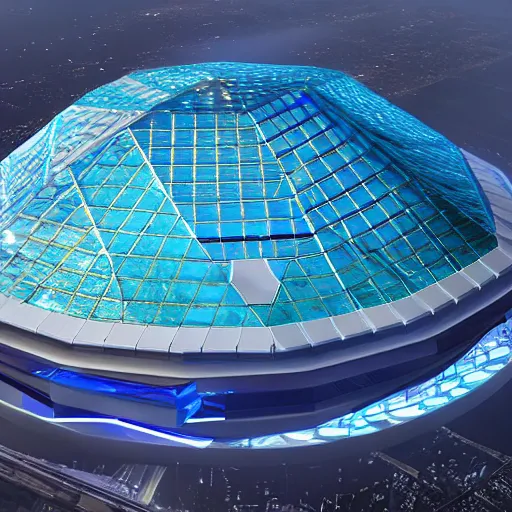 Image similar to a futuristic stadium floating in the middle of a city, hex shaped, hexadome, blue energy field hexagonal dome, unreal engine, epic lighting