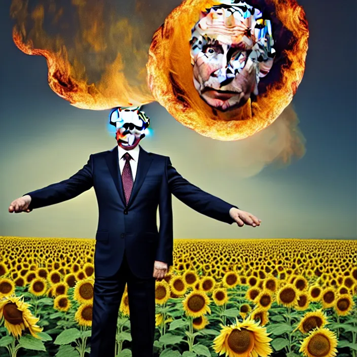 Image similar to photo portrait of Vladimir Putin in sunflower field, dressed in shirt with ornamental ethereal sunflower pattern, natural skin tone, explosion and fire in the background, elegant, Realistic, Refined, Highly Detailed, natural soft pastel lighting colors scheme, fine art photography by Cecil Beaton, volumetric lighting, hyper realistic photography