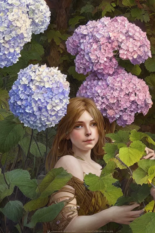 Image similar to Garden Hydrangea, D&D, fantasy, highly detailed, digital painting, artstation, concept art, sharp focus, illustration, art by artgerm and greg rutkowski and alphonse mucha