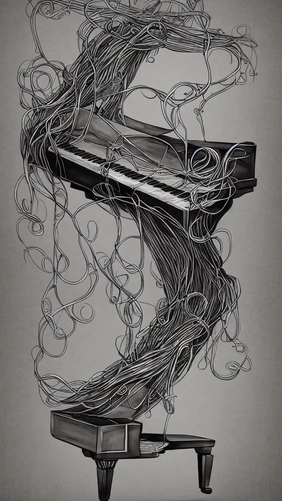 Image similar to a grand piano with long thick vines wrapped around it, fantasy art, art station, grey background,