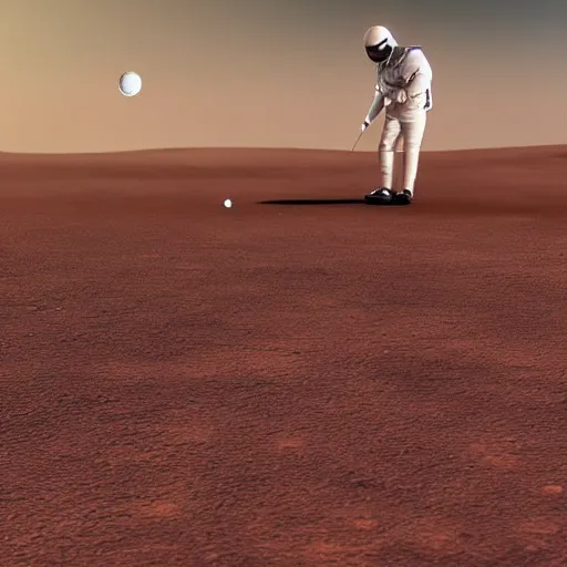 Prompt: nasa photograph of an astronaut playing golf on a lush green golf course on mars, photorealistic, 4 k