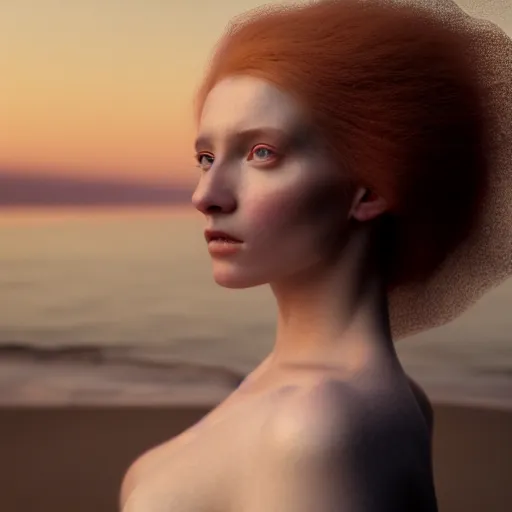 Image similar to photographic portrait of a stunningly beautiful english renaissance female in soft dreamy light at sunset, beside the sea, fire glow, soft focus, contemporary fashion shoot, in a denis villeneuve and tim burton movie, by edward robert hughes, annie leibovitz and steve mccurry, david lazar, jimmy nelsson, extremely detailed, breathtaking, hyperrealistic, perfect face, octane render