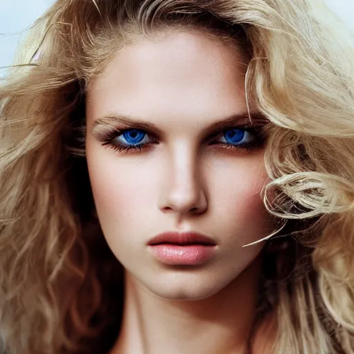 Image similar to Close up 35mm nikon photo of the left side of the face of a young blond model with gorgeous eyes and wavy long blond hair, who looks directly at the camera. ,.