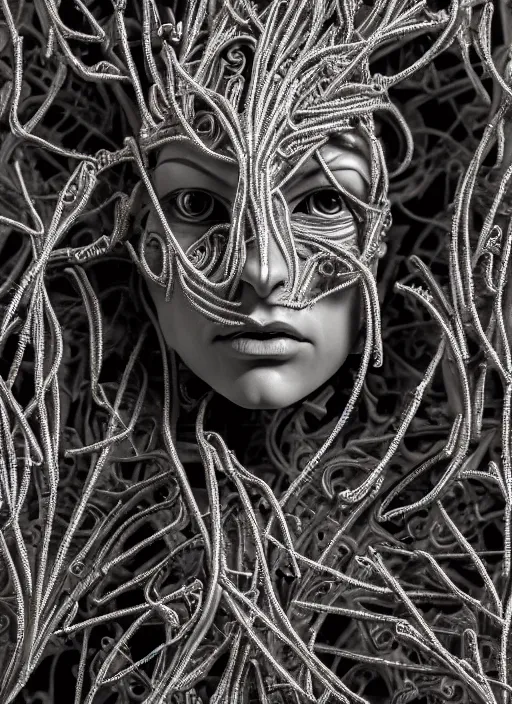 Prompt: a young female cyborg bust made of intricate vegetal stems, dramatic, ilford hp 5, closeup - view, f / 2. 8, high contrast, 1 6 k, fluorescent lamp, contre - jour, insanely detailed and intricate, hypermaximalist, elegant, ornate, hyper realistic, super detailed
