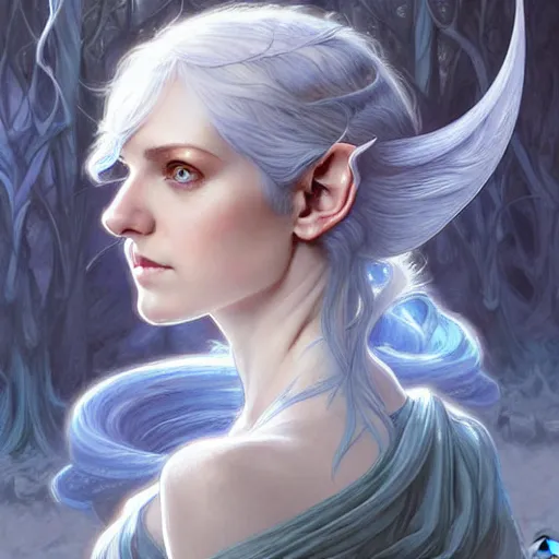 Image similar to Portrait of elvish female wizard, D&D, blue eyes, face, short silver hair, fantasy, intricate, elegant, highly detailed, digital painting, artstation, concept art, smooth, sharp focus, illustration, deep forest on background, art by artgerm and greg rutkowski and alphonse mucha