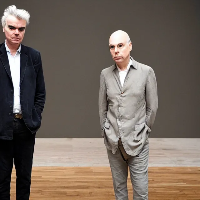 Image similar to david byrne and brian eno are looking for ideas in an art museum