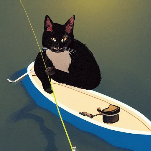 Image similar to a cat holding a fishing pole while fishing in a boat; vivid; digital art; artstation; award winning