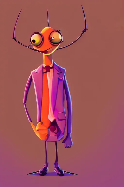 Prompt: colorful full body shot of a thin anthropomorphic cockroach with big eyes wearing a suit, with long thin antennae, trending on artstation, trending on deviantart ,backlighting, 8k, hyper detail illustration, symmetrical, correct proportions, illustration by tim schafer, vibrant colors, by pixar, orange lights, pink shadows