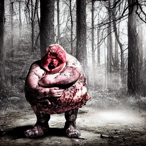 Image similar to big fat butcher with a scary face chops a piece of meat on the stump in a dark forest, night scene, old photo, scary, creepy, terrible atmosphere