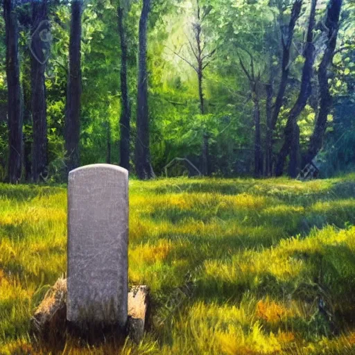 Image similar to beautiful oil painting of a single tombstone in a forest, beautiful sunny day