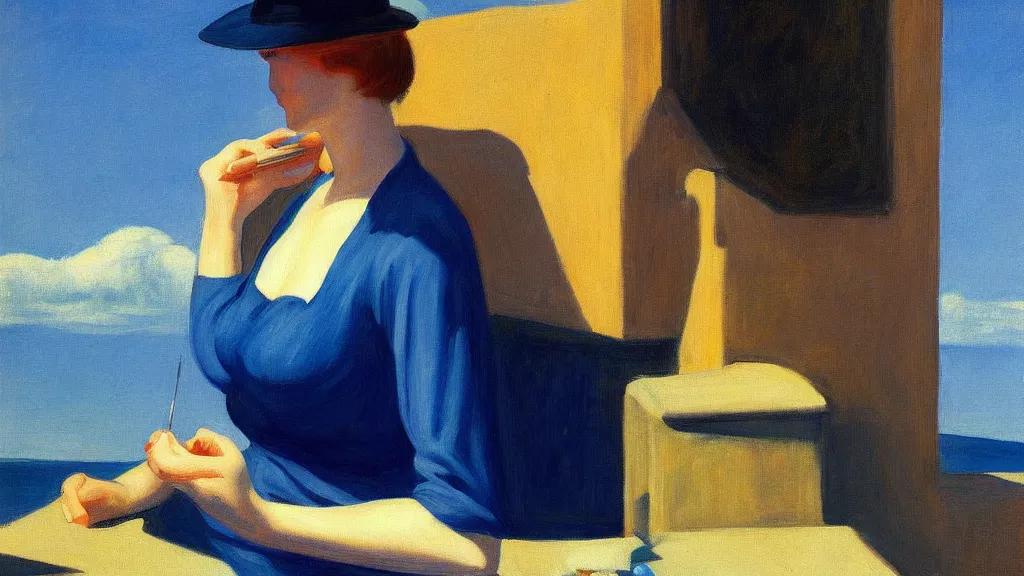 Image similar to artist painting blue sky by Edward Hopper. 8K. Extremely detailed.