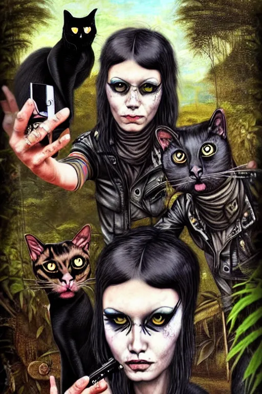 Image similar to punk rock girls making selfie with black cats in jungle , 1980 style, mad max jacket, post apocalyptic, renaissance, Gothic, highly detailed, digital painting, 4k, oil painting by Leonardo Da Vinci, hyper realistic style, fantasy by Olga Fedorova