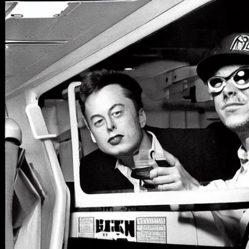 Image similar to retro photo of drunked elon musk aka bus driver in bus by hunter thompson, fear and loathing in las vegas style