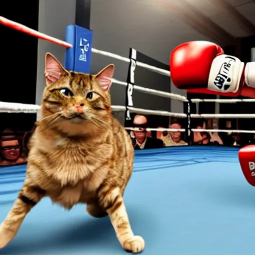 Image similar to a dog winning a boxing match against a cat