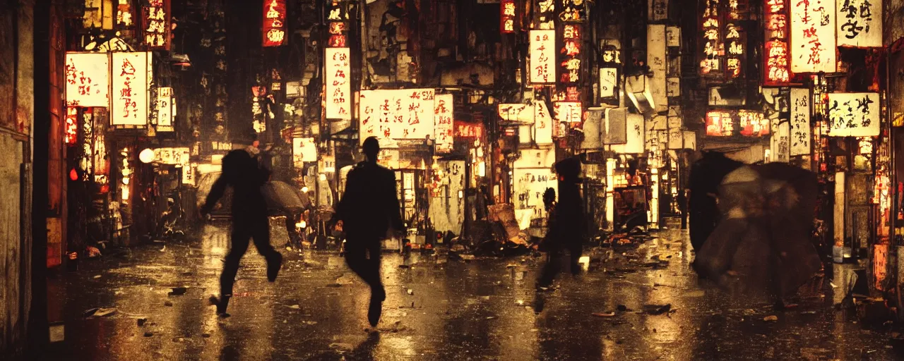 Prompt: dynamic steadicam shot, following a black clad man running through a crowded narrow alley in kowloon walled city, , fluorescent lights, night, rain, tungstem color balance, cinestill, cinematic movie still