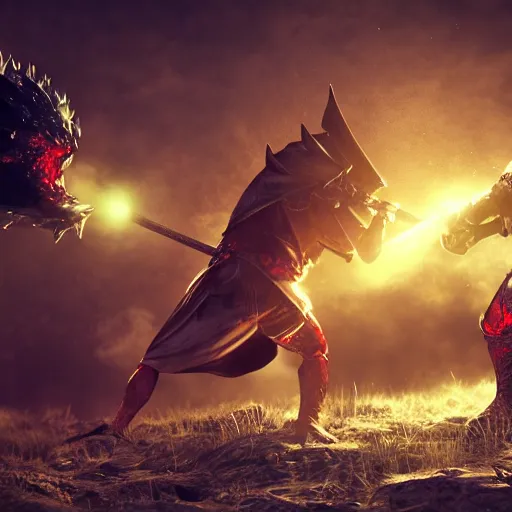 Image similar to Fight between a powerful demon and a knight , volumetric lighting, moon light, hyperrealistic, beautiful details, HDR, octane render, action shot, wide angle, horror theme, cinematic,