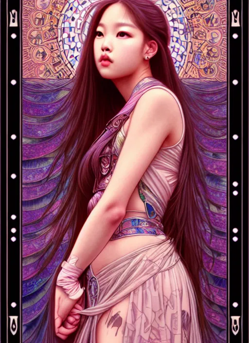 Image similar to jennie manoban of blackpink, tarot card, highly detailed, digital painting, smooth, sharp focus, illustration, ultra realistic, 8 k, art by artgerm and alphonse mucha