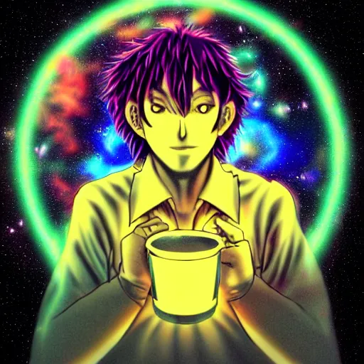 Prompt: A man drinking a cup of cosmic energy bright light by Hideaki Sorachi, 4k, digital art, surreal, anime style,