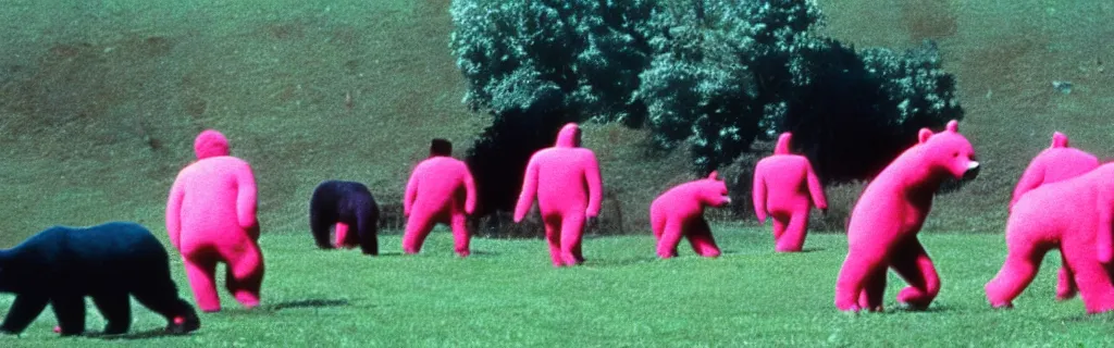 Image similar to people in pink bear suits being hunted by actual bears on a green meadow, movie still, by david lynch, by fellini, by terry gilliam, cinemascope