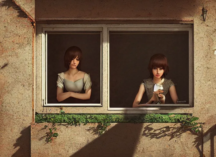 Image similar to seen through a window, italian village, by ilya kuvshinov, rtx rendering, octane render 1 2 8 k, maya, extreme high intricate details by tom bagshaw, composition by sana takeda, lighting by greg rutkowski