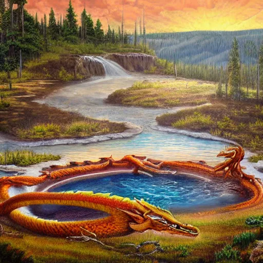 Image similar to dragon sitting in a hotspring at yellowstone national park, highly detailed oil painting, featured on artstation