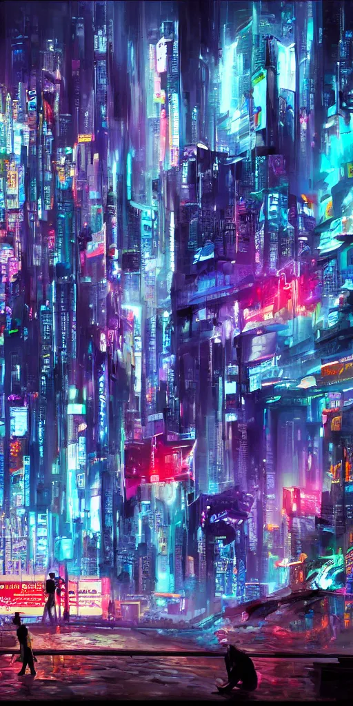 Image similar to photo of futuristic paintings displayed on big screen in cyberpunk city, enormously detailed, digital painting