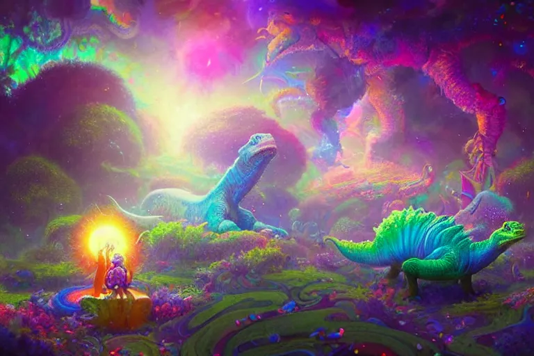 Image similar to a psychedelic realm made entirely out of love and acceptance and hypercolors. astral beings sharing love. cute smiling glowing skin glowing chibi style pixar baby dinosaurs in the style of greg rutkowski and wlop and lisa frank! and bob ross!!! and ruan jia, illustration, epic, fantasy, hyper detailed, smooth, unreal engine, sharp focus, ray tracing