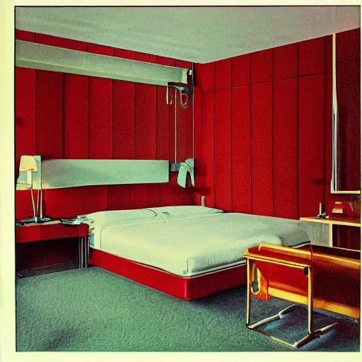 Prompt: a hotel room from the future where the bed is a tank, 45mm 1967