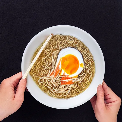 Image similar to a tiny man eating a gigantic bowl of ramen noodles, photorealistic, photograph