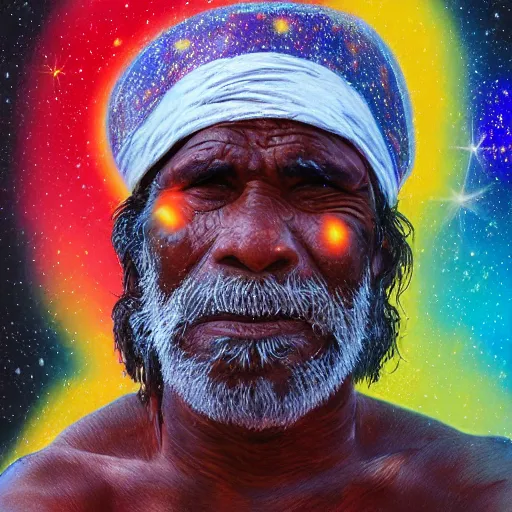 Image similar to aboriginal man at night, portrait, photorealistic, 8k, galaxies in the sky