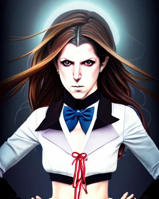 Image similar to ultra realistic, beautiful Anna Kendrick Zatanna DC Comics waist up floating, on stage, symmetrical face symmetrical eyes, smiling, modern anime, fantasy, eerie, intricate details, atmospheric, elegant, super highly detailed, professional digital painting, artstation, concept art, 8k, art by artgerm and eiichiro oda and koyoharu gotouge