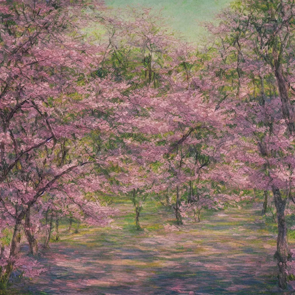 Prompt: A scenic view of the cherry blossom forest, highly detailed impressionism painting,