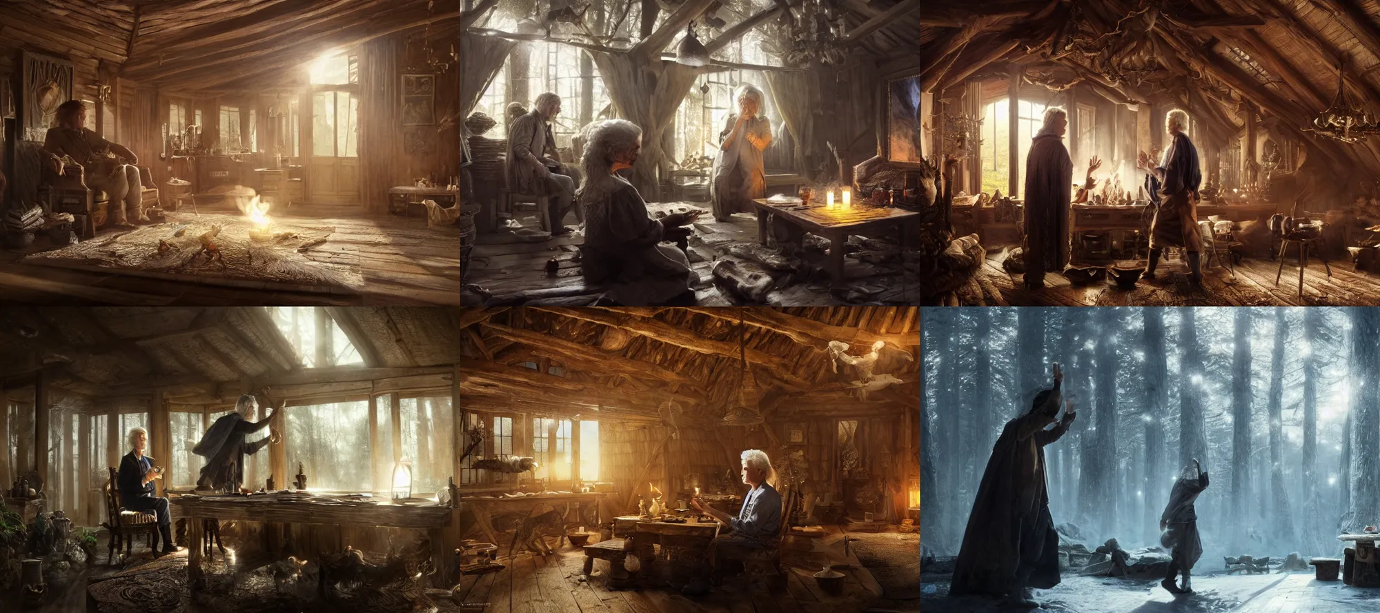 Prompt: geert wilders casting powerful magical spells inside his wooden hut, volumetric lighting, 8 k octane beautifully detailed render, post - processing, extremely hyper - detailed, intricate, epic composition, cinematic lighting, masterpiece, trending on artstation, detailed detailed detailed, masterpiece, stunning art by anders zorn, wonderful masterpiece by greg rutkowski, beautiful cinematic light,