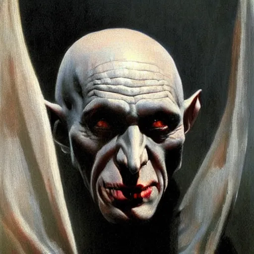 Image similar to ultra realistic portrait painting of nosferatu, art by frank frazetta, 4 k, ultra realistic, highly detailed, epic lighting