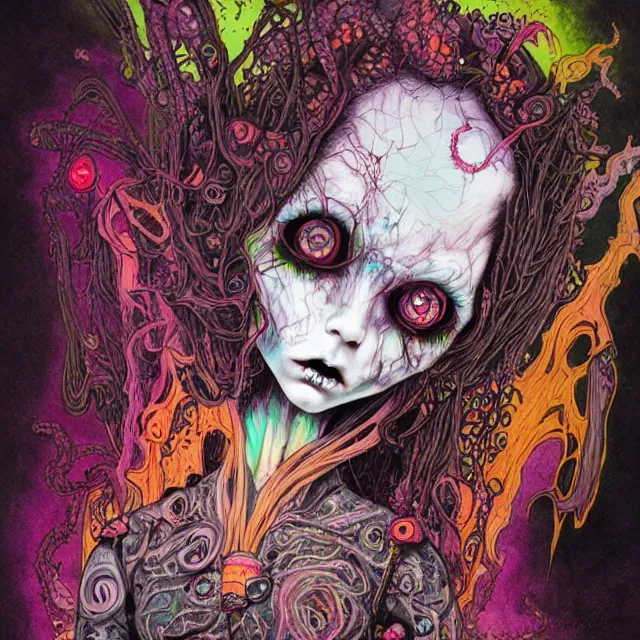 Prompt: fine detail, colorful black ink & copic markers, vibrant muted colors, disturbing grunge still of a [ lovecraftian demon infested ] [ living dead doll ], [ mystic, shamanic and psychedelic lsd trippy dreamy art ], by arthur adams, by tom bagshaw, by henry asencio, by kikuchi hideyuki