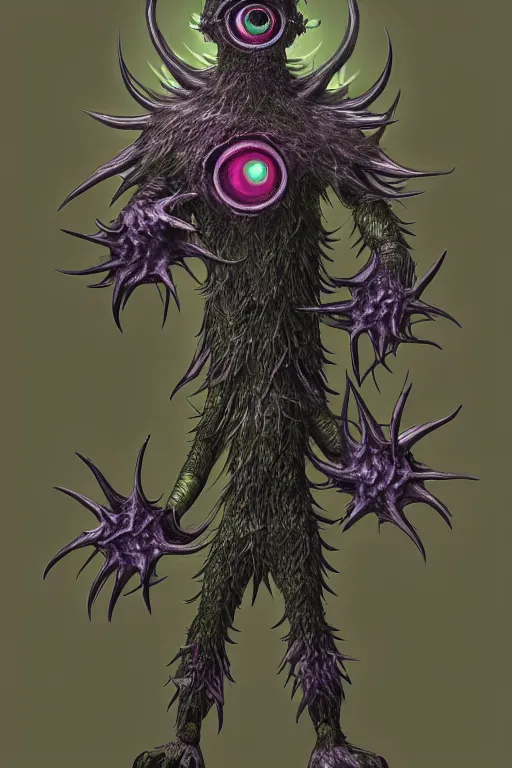 Image similar to a humanoid figure thistle monster with eyes, radiation glow, highly detailed, digital art, sharp focus, trending on art station, plant, anime art style