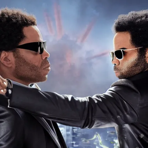 Prompt: men in black agent as lenny kravitz fighting aliens, dynamic movie still, detailed 8 k photorealistic portrait, imdb poster style