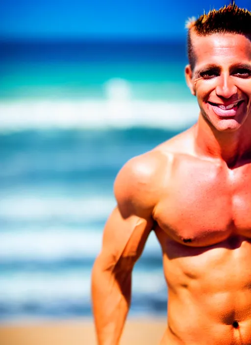 Image similar to professional photo of person looking like bart simpson, he's muscular, on the beach at noonday, blur background, high details, original simpsons cartoon style