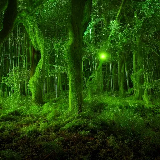 Image similar to a mystical forest, nighttime, glowing green jelly mushrooms, mossy, firefly trails