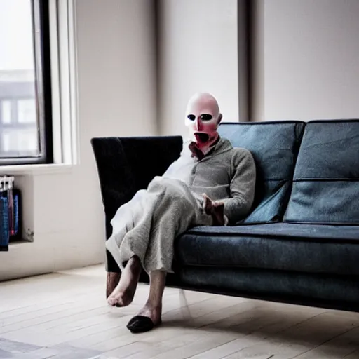 Prompt: Voldemort watching a twitch stream in a sofa, photoshoot