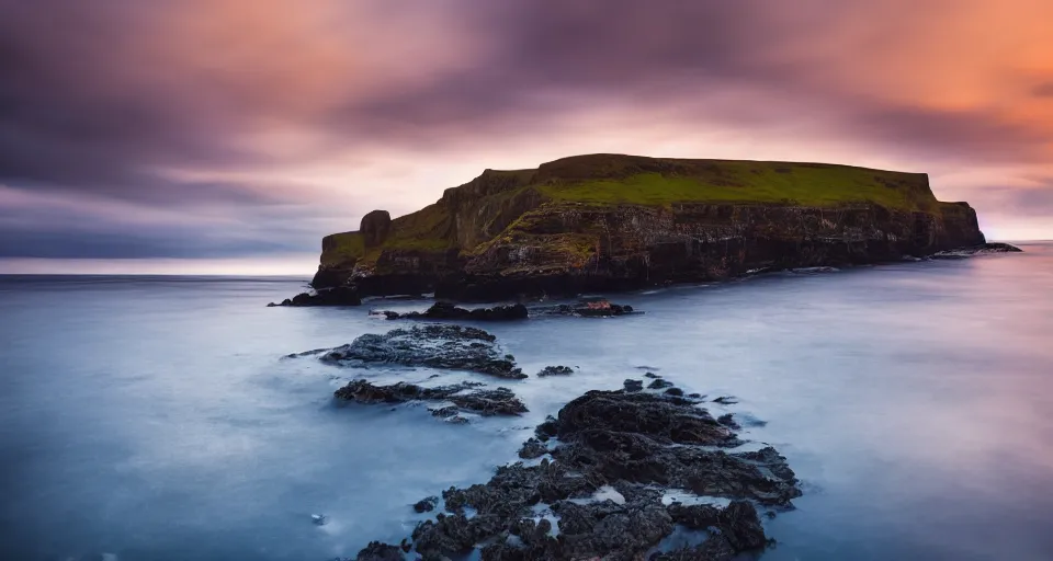 Prompt: beautiful Scotland landscape photography in sunset, cliffs, sea, dramatic sky, 500px, award winning, moody