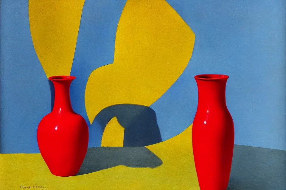 Prompt: red cude and yellow vase, blue book, photo