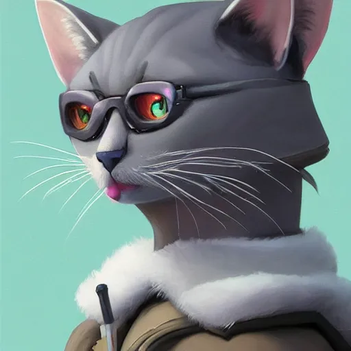 Prompt: painting an anthropomorphic gray cat wearing a jacket and a collar, as an Overwatch asymmetrical, Organic Painting, sunny day, Matte Painting, bold shapes, hard edges, street art, trending on artstation, by Huang Guangjian and Gil Elvgren and Sachin Teng