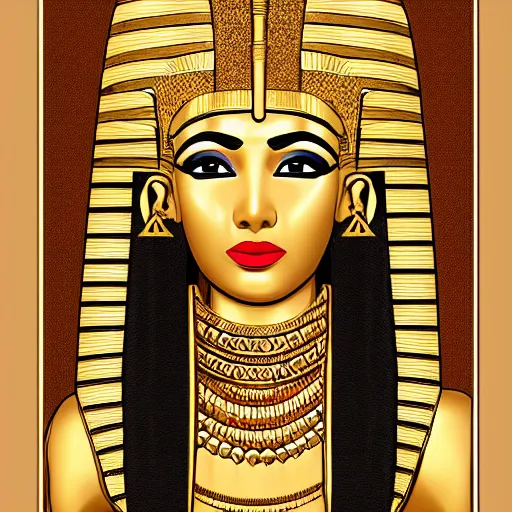 Prompt: photograph of an egyptian woman, gold face chains, chains, egyptian clothing, gold patterns, black clothing, elegant, fancy, rich, character design, costume, egyptian, arabian, dune, desert