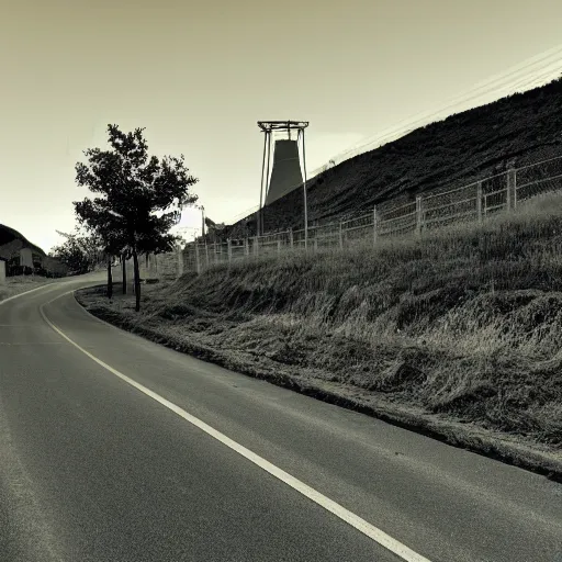 Image similar to a road next to warehouses, and a hill behind it with a radio tower on top, 9 0's camera filter, red tint