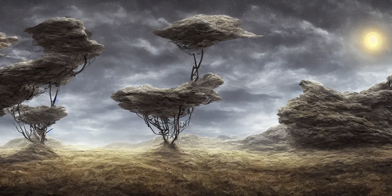 Prompt: surreal image of a landscape on an alien planet, digital art,