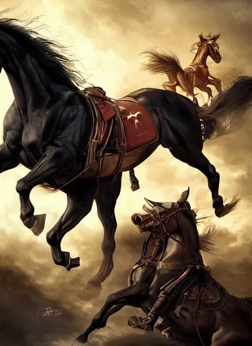 Image similar to the first horseman of the apocalypse is riding a strong big black stallion, horse is up on its hind legs, the strong male rider is carrying the scales of justice, beautiful artwork by artgerm and rutkowski, breathtaking, beautifully lit, dramatic, full view