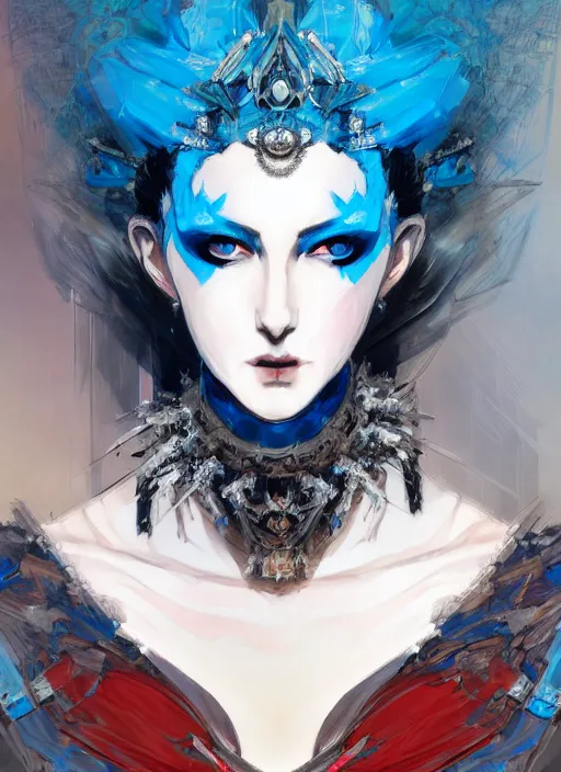 Prompt: half body portrait of a beautiful queen in an elaborate cracked mask and ornate pale blue dress, gray hair, red eyes. in style of yoji shinkawa and hyung - tae kim, trending on artstation, dark fantasy, great composition, concept art, highly detailed, dynamic pose, vibrant colours.